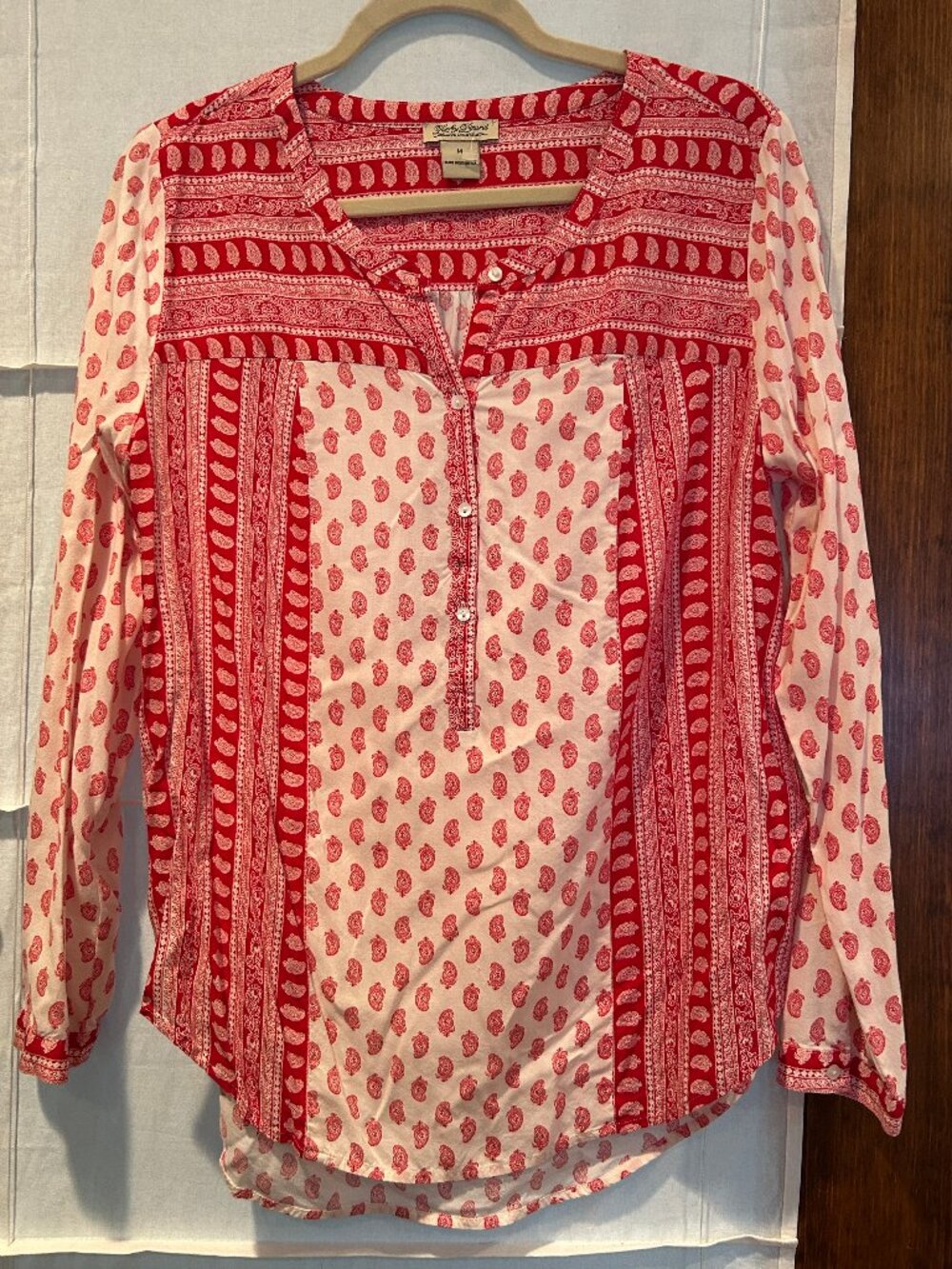 Lucky Brand Long Sleeve Paisley Blouse Shirt Red and White